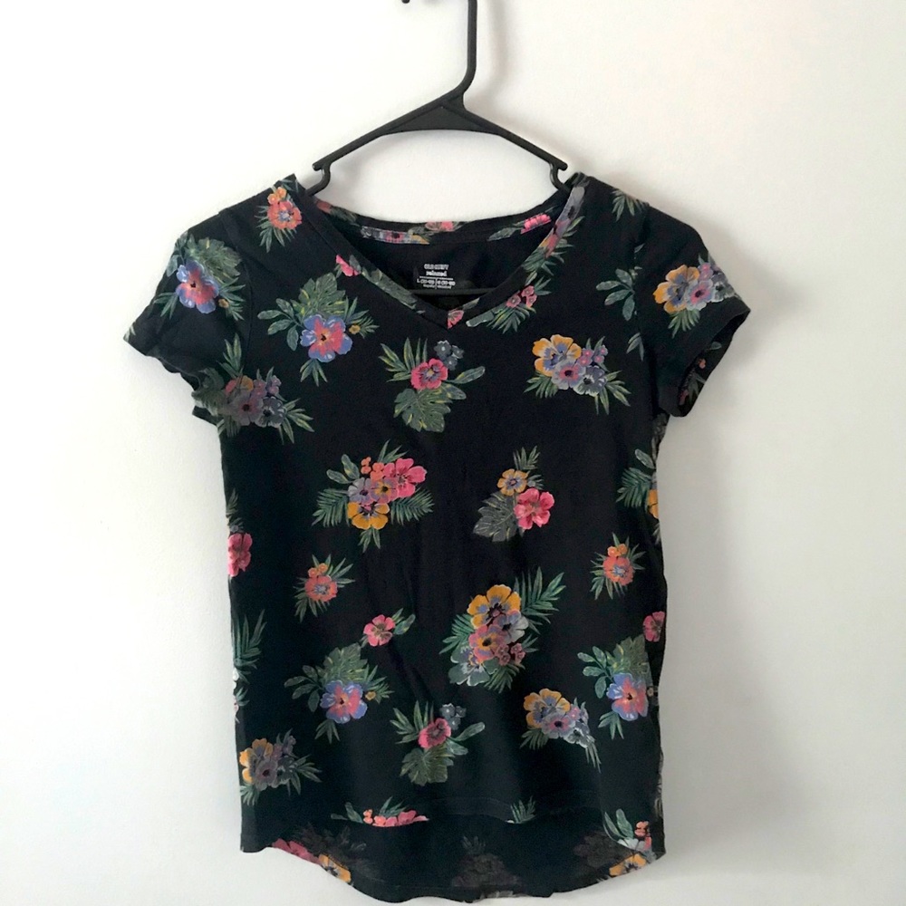 Black Tee shirt w/ colorful tropical floral design